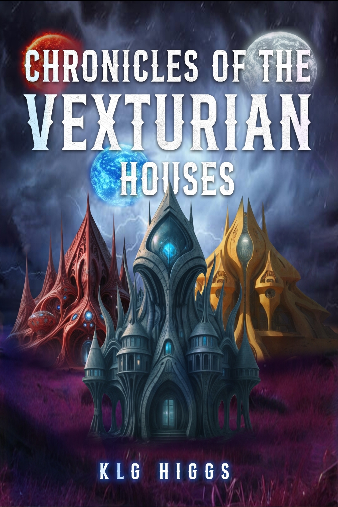 The image is a book cover for "Chronicles of the Vexturian Houses" by KLG Higgs, featuring a futuristic cityscape with tal...